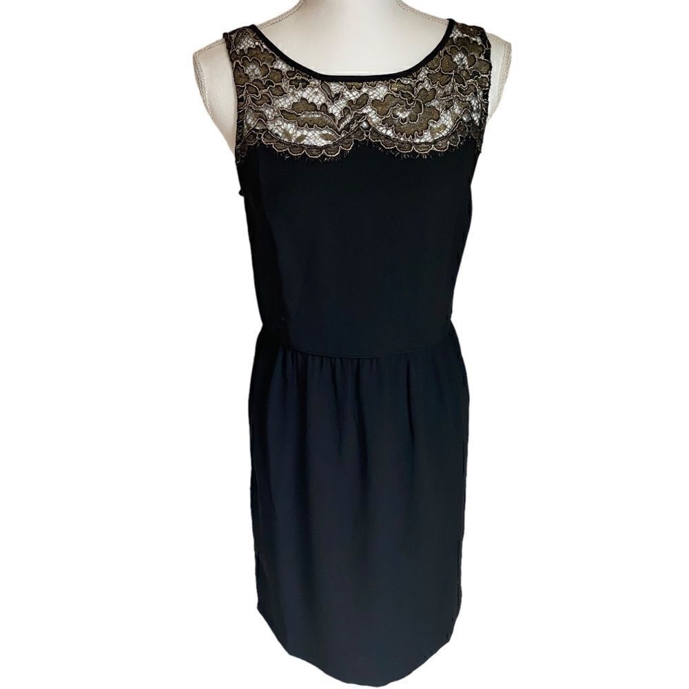Loft Black Dress Metallic Gold Lame Top Size 4